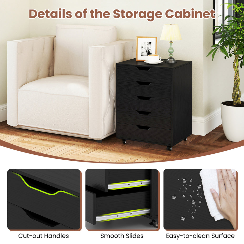 5 Drawer Mobile File Cabinet with Wheels for Living Room-Black
