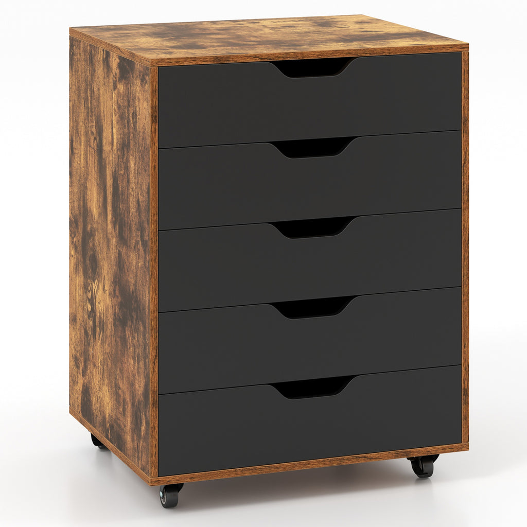 5 Drawer Mobile Lateral Filing Storage Home Office Floor Cabinet with Wheels-Rustic Brown