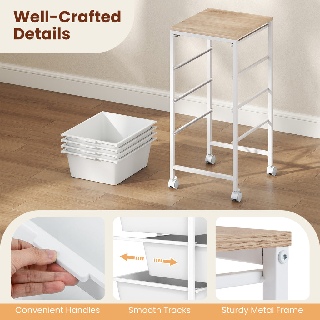 5-Drawer Rolling Storage Cart Mobile Utility Organizer with Wooden Tabletop and Lockable Wheels-White