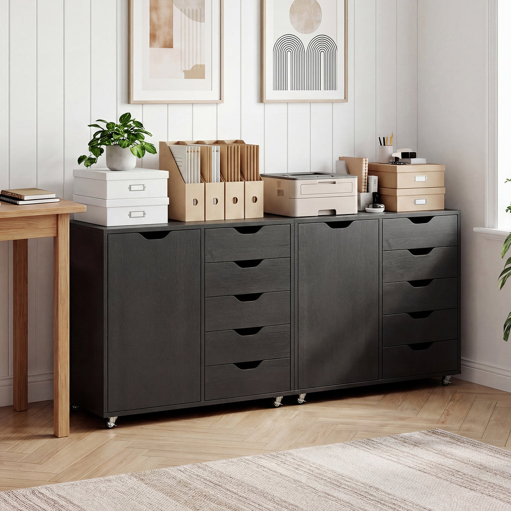 5-Drawer Rolling Storage Cart with Side Cabinet-Black