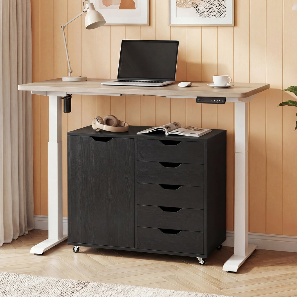 5-Drawer Rolling Storage Cart with Side Cabinet-Black