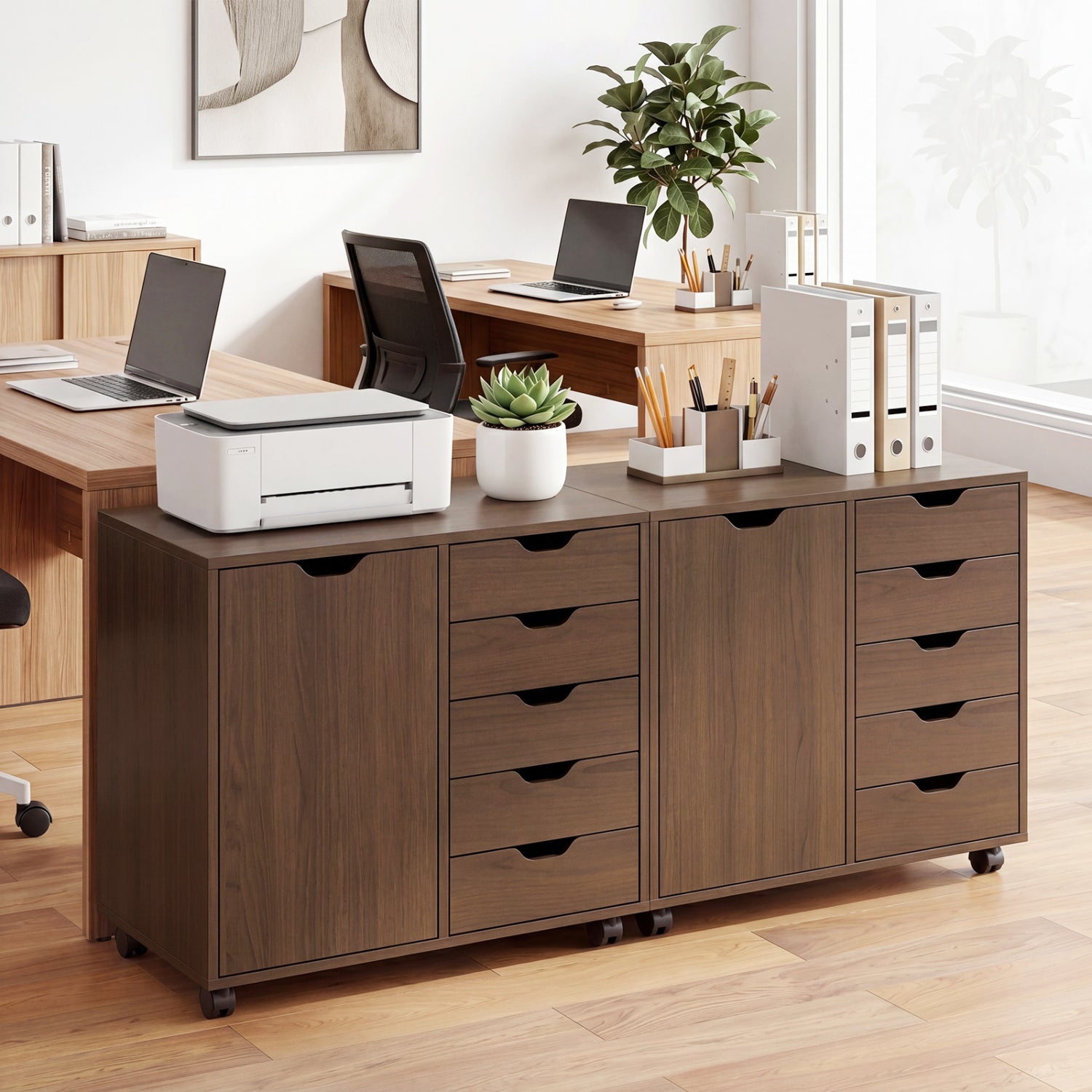 5 Drawer Storage Cabinet on Wheels with Adjustable Shelf-Brown