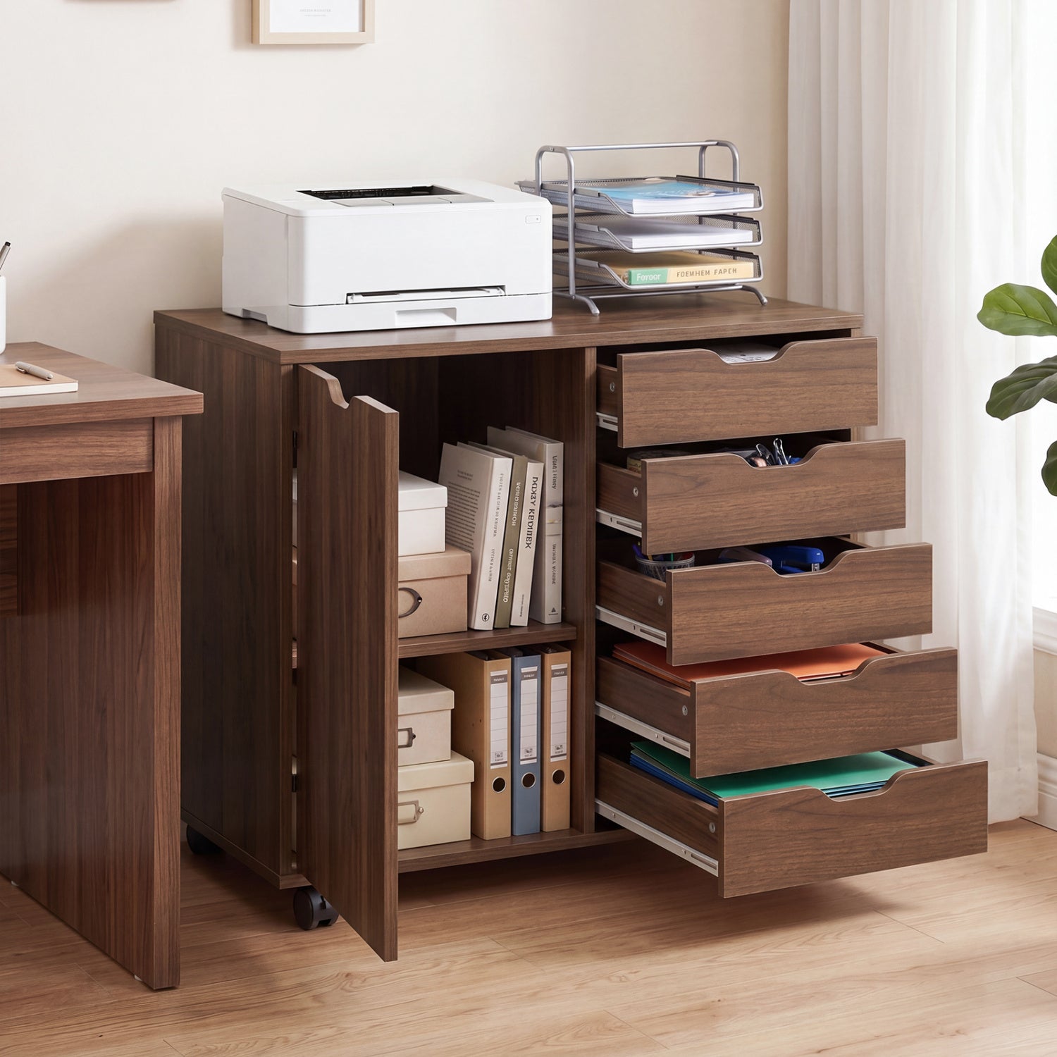 5 Drawer Storage Cabinet on Wheels with Adjustable Shelf-Brown