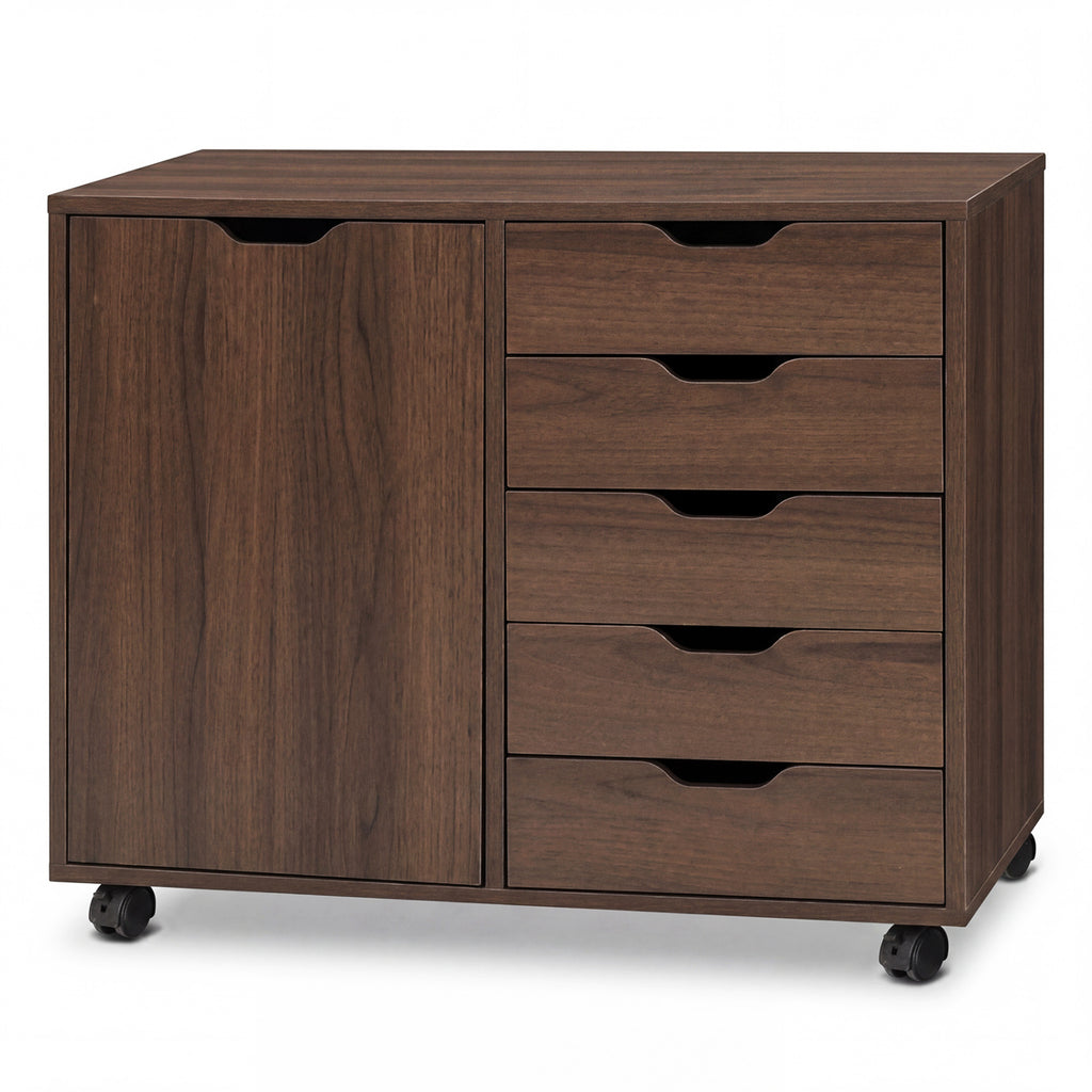 5 Drawer Storage Cabinet on Wheels with Adjustable Shelf-Brown