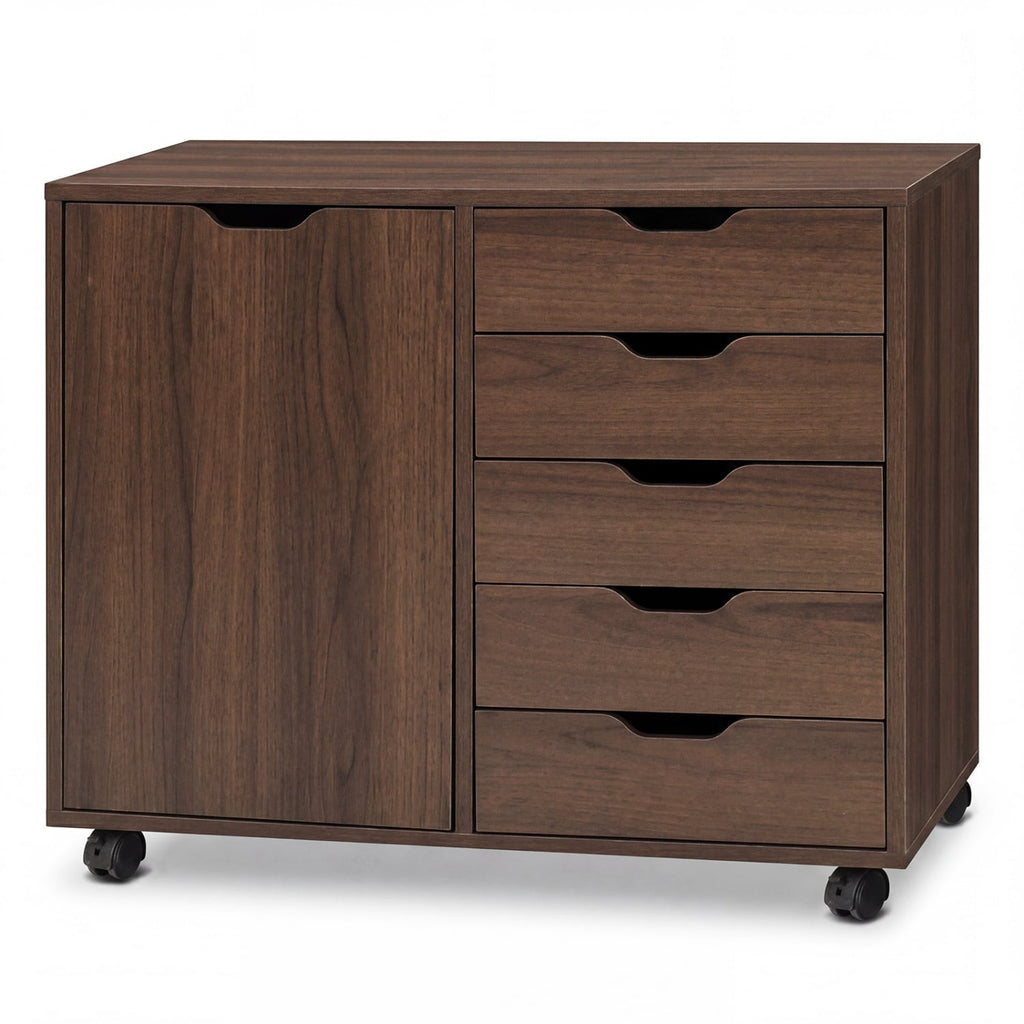 5 Drawer Storage Cabinet on Wheels with Adjustable Shelf-Brown