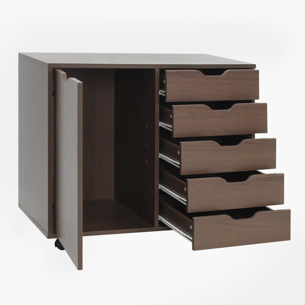 5 Drawer Storage Cabinet on Wheels with Adjustable Shelf-Brown