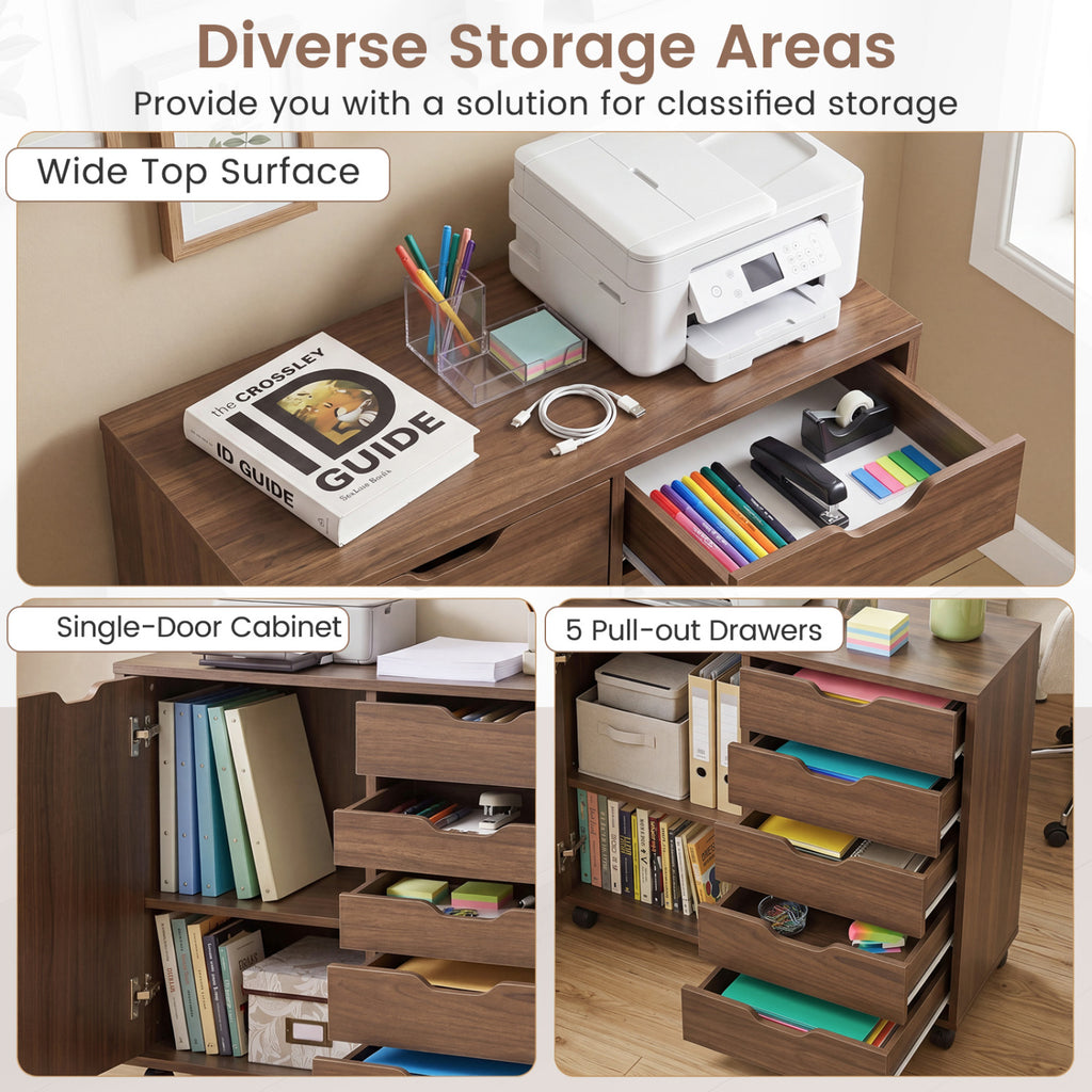 5 Drawer Storage Cabinet on Wheels with Adjustable Shelf-Brown