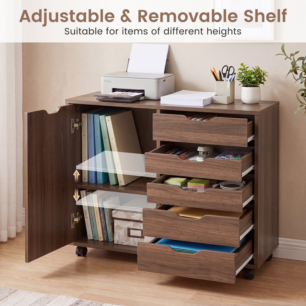 5 Drawer Storage Cabinet on Wheels with Adjustable Shelf-Brown