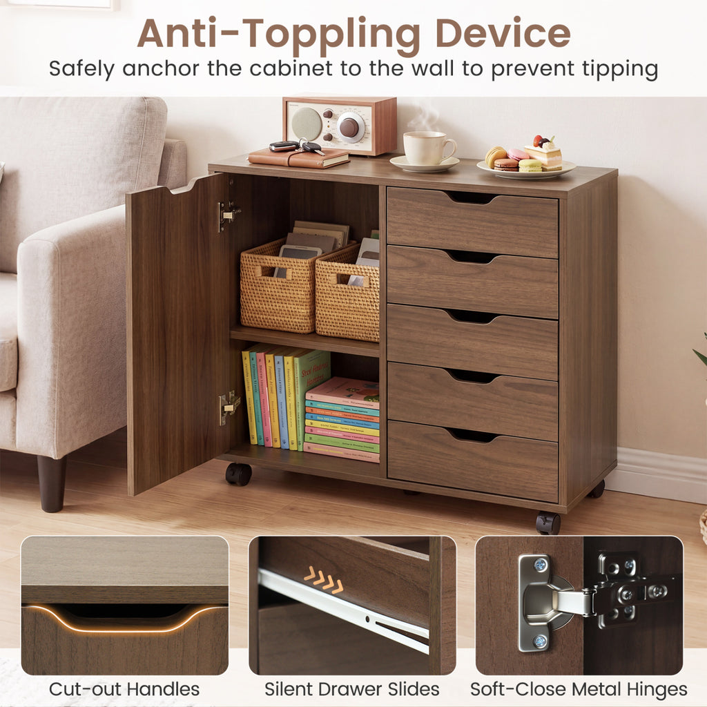5 Drawer Storage Cabinet on Wheels with Adjustable Shelf-Brown