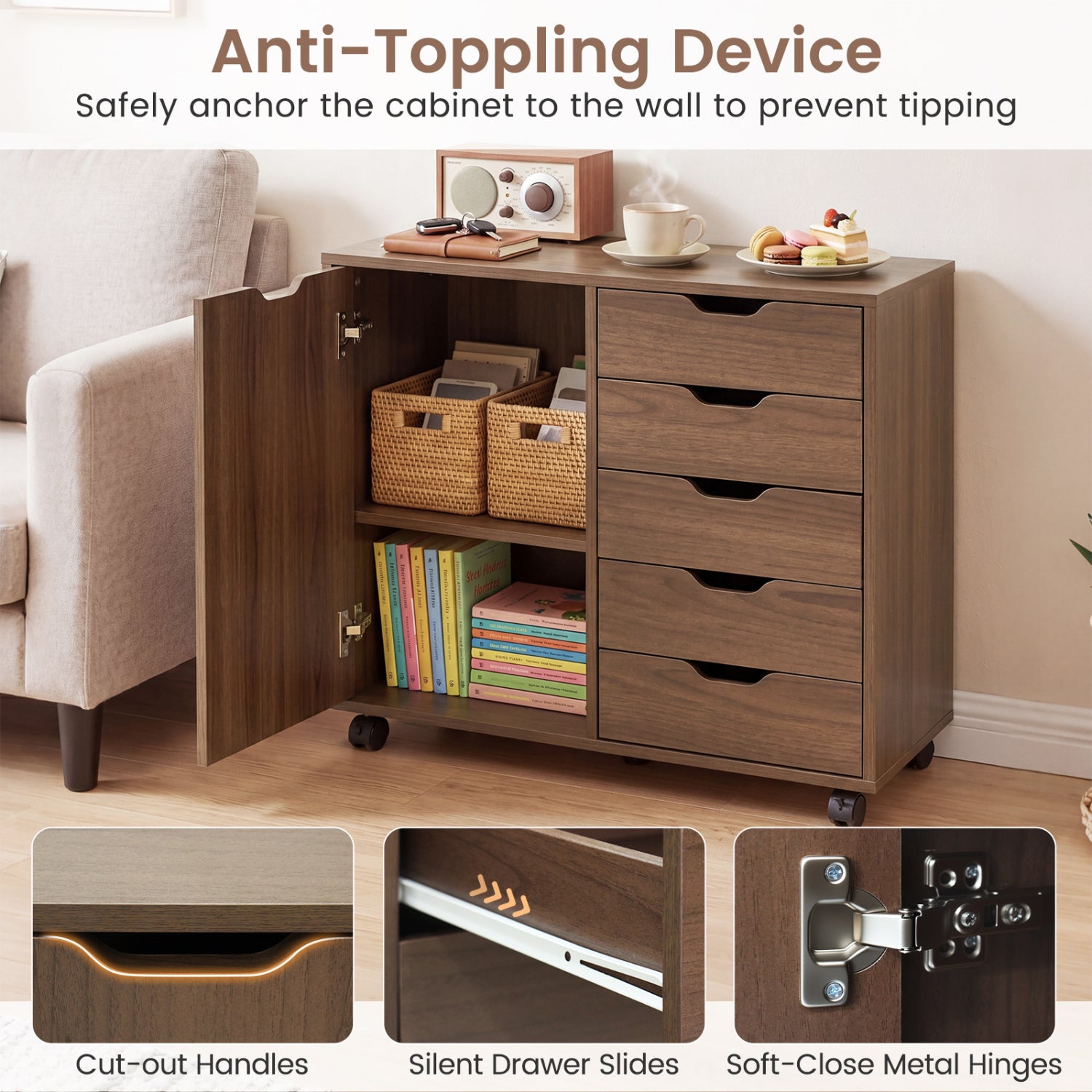 5 Drawer Storage Cabinet on Wheels with Adjustable Shelf-Brown