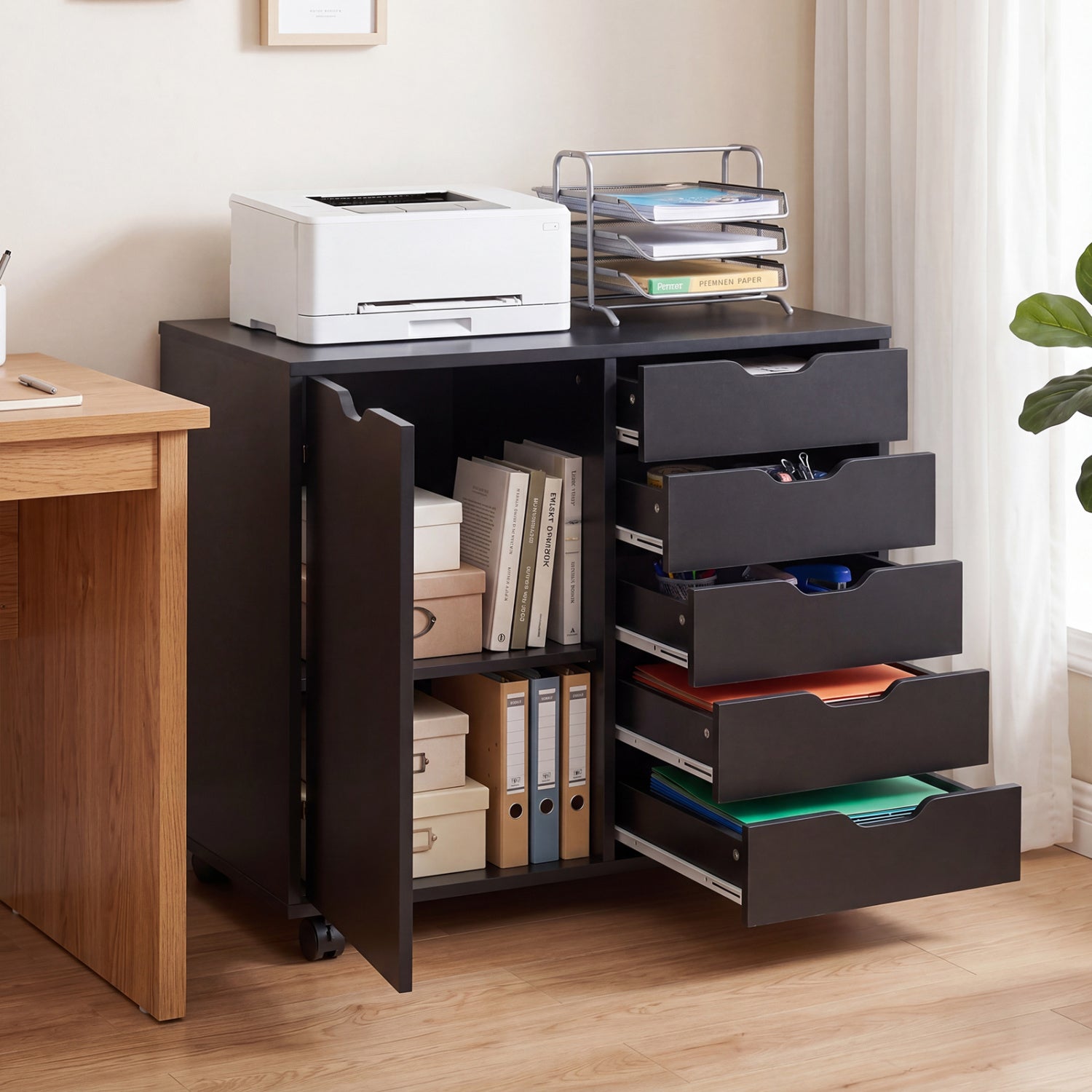 5 Drawer Storage Cabinet on Wheels with Adjustable Shelf-Black