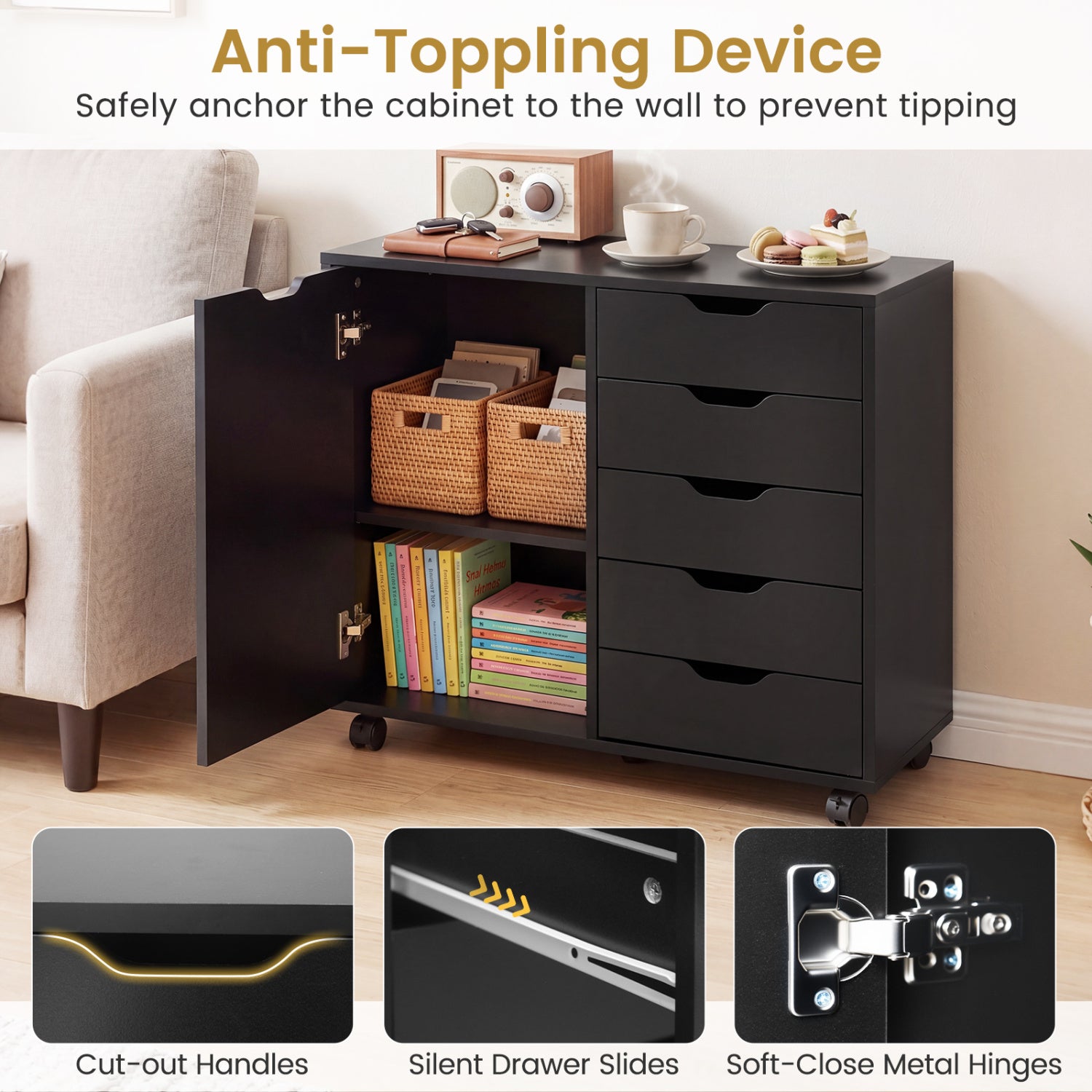 5 Drawer Storage Cabinet on Wheels with Adjustable Shelf-Black