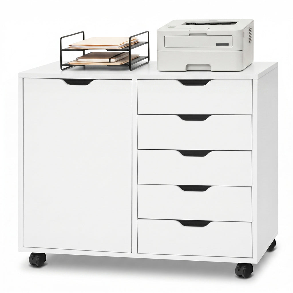 5 Drawer Storage Cabinet on Wheels with Adjustable Shelf-White