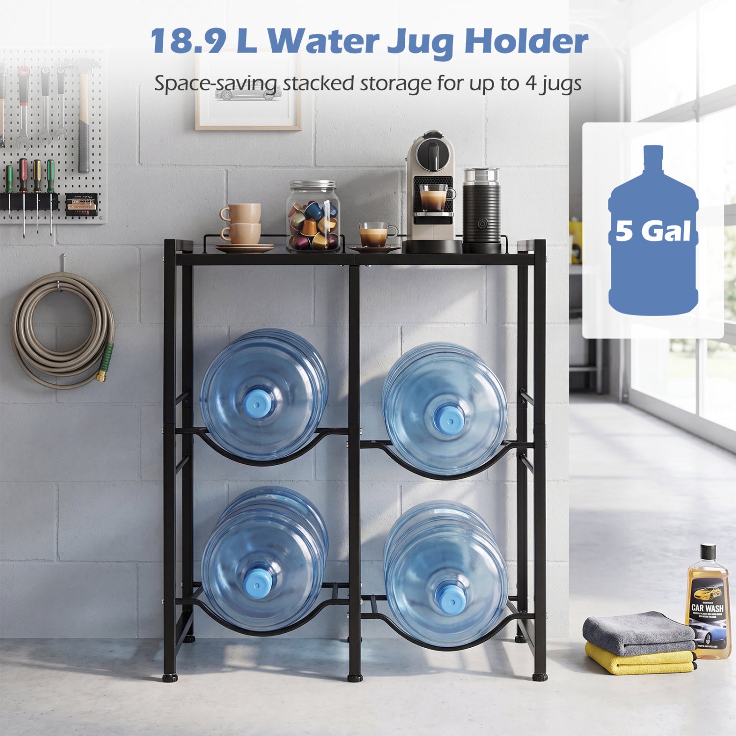 5 Gallon Water Jug Holder for 4 Bottles-Black