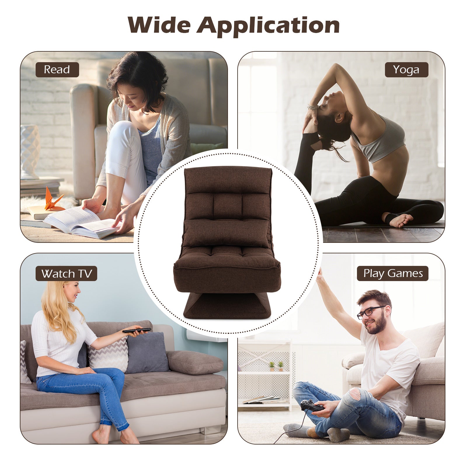 5-Level Adjustable 360Â° Swivel Floor Chair with Massage Pillow-Brown