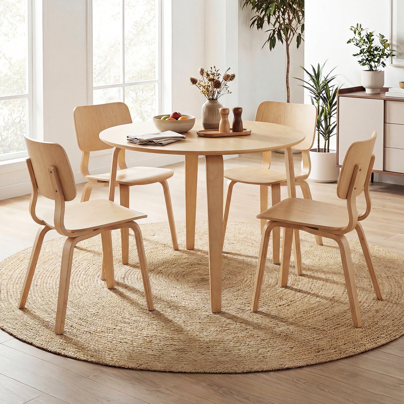 5 Piece Dining Table Set with 4 Padded Dining Chairs and Rubber Wood Table-Natural
