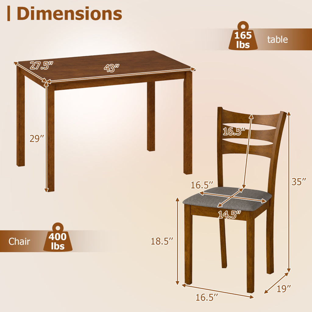 5-Piece Dining Table Set with Linen Fabric Upholstered Chairs and Solid Rubber Wood Frame for 4 People-Brown