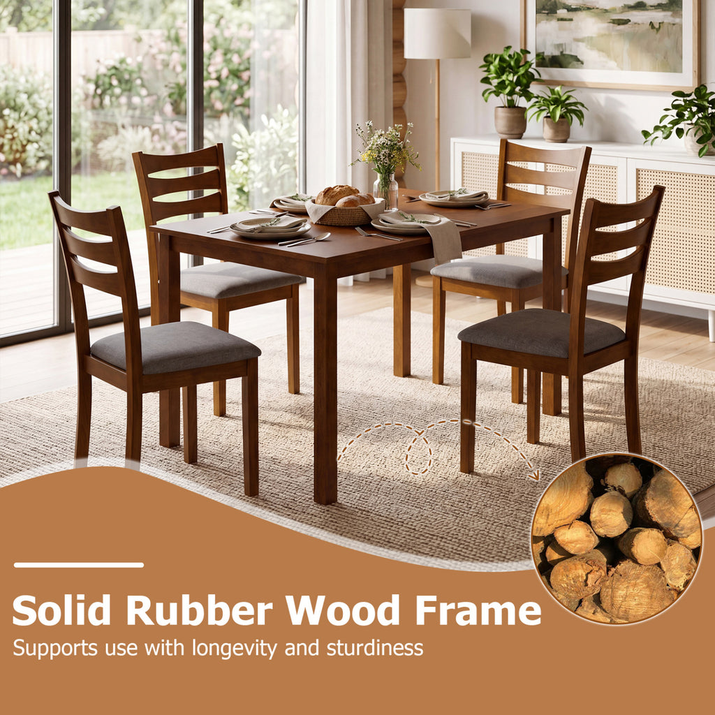 5-Piece Dining Table Set with Linen Fabric Upholstered Chairs and Solid Rubber Wood Frame for 4 People-Brown