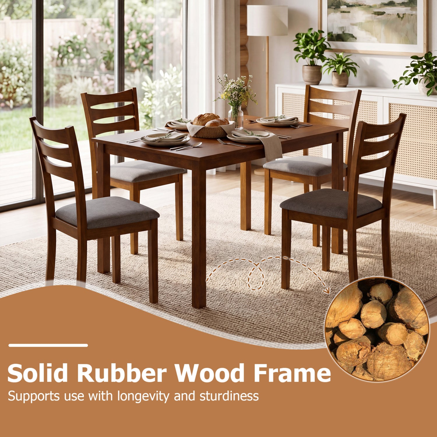 5-Piece Dining Table Set with Linen Fabric Upholstered Chairs and Solid Rubber Wood Frame for 4 People-Brown