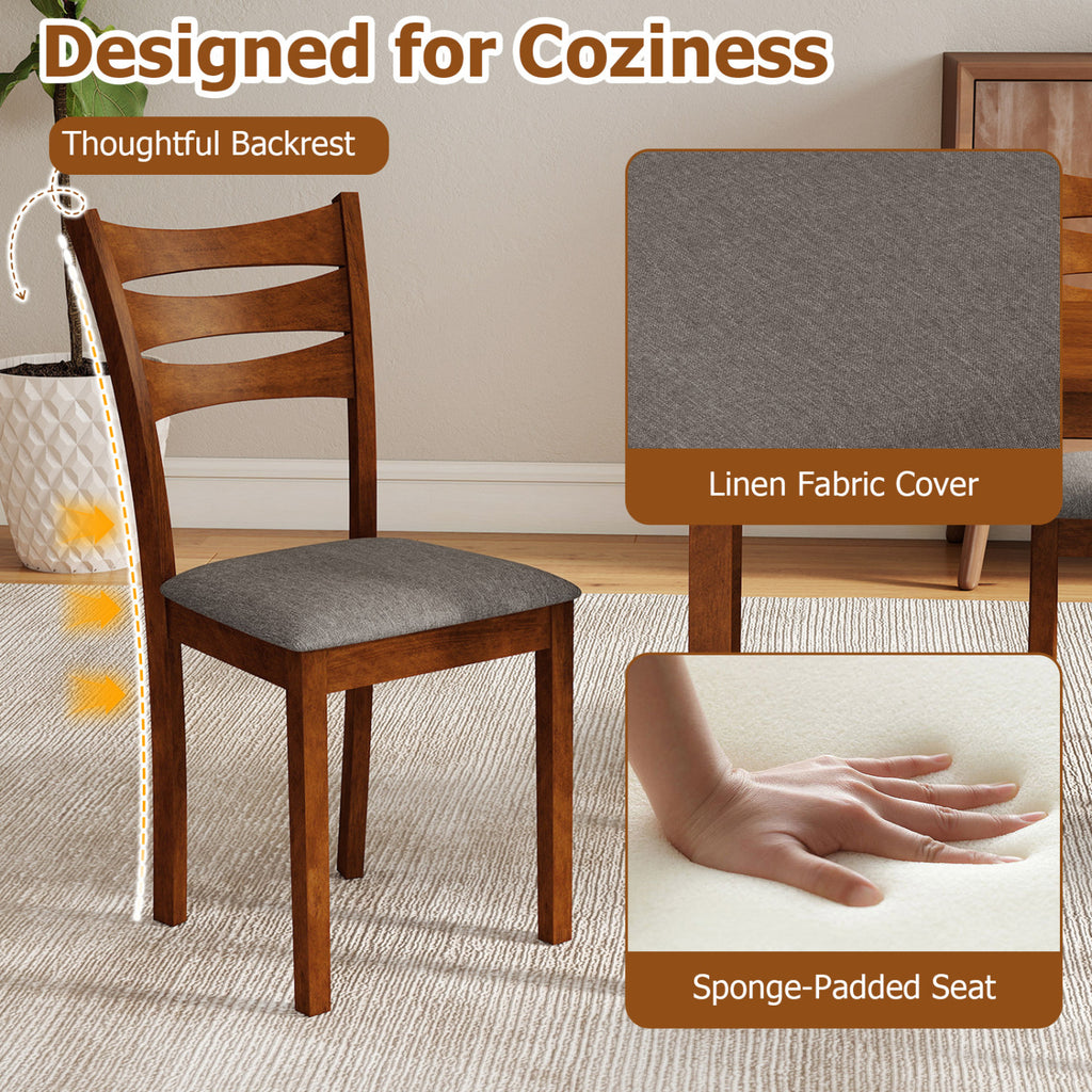 5-Piece Dining Table Set with Linen Fabric Upholstered Chairs and Solid Rubber Wood Frame for 4 People-Brown