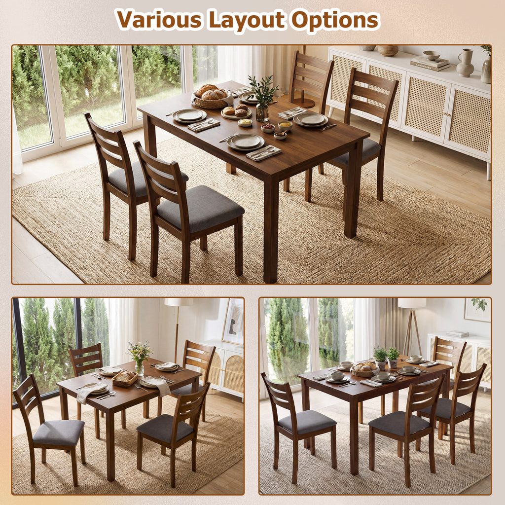 5-Piece Dining Table Set with Linen Fabric Upholstered Chairs and Solid Rubber Wood Frame for 4 People-Brown