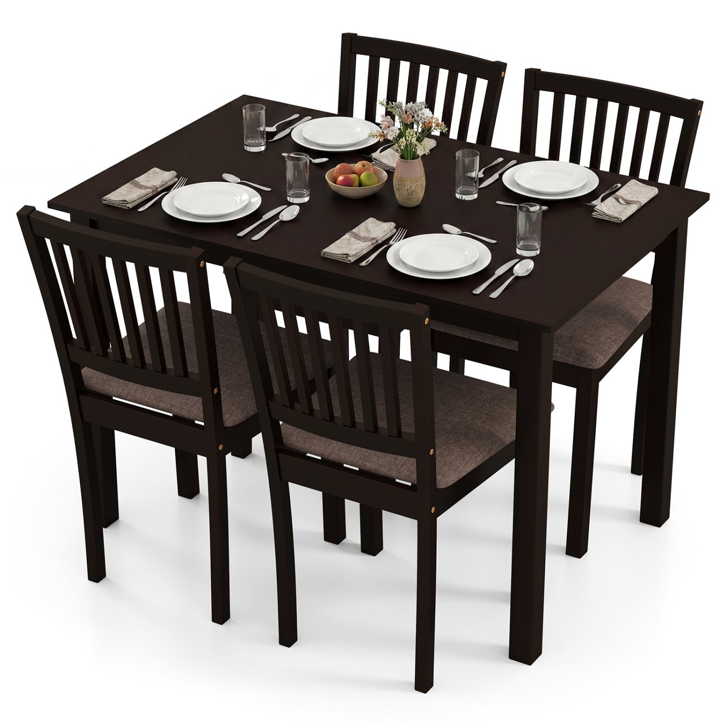 5-Piece Dining Table Set for 4 Rectangular Kitchen Table with 4 Upholstered Chairs-Dark Brown