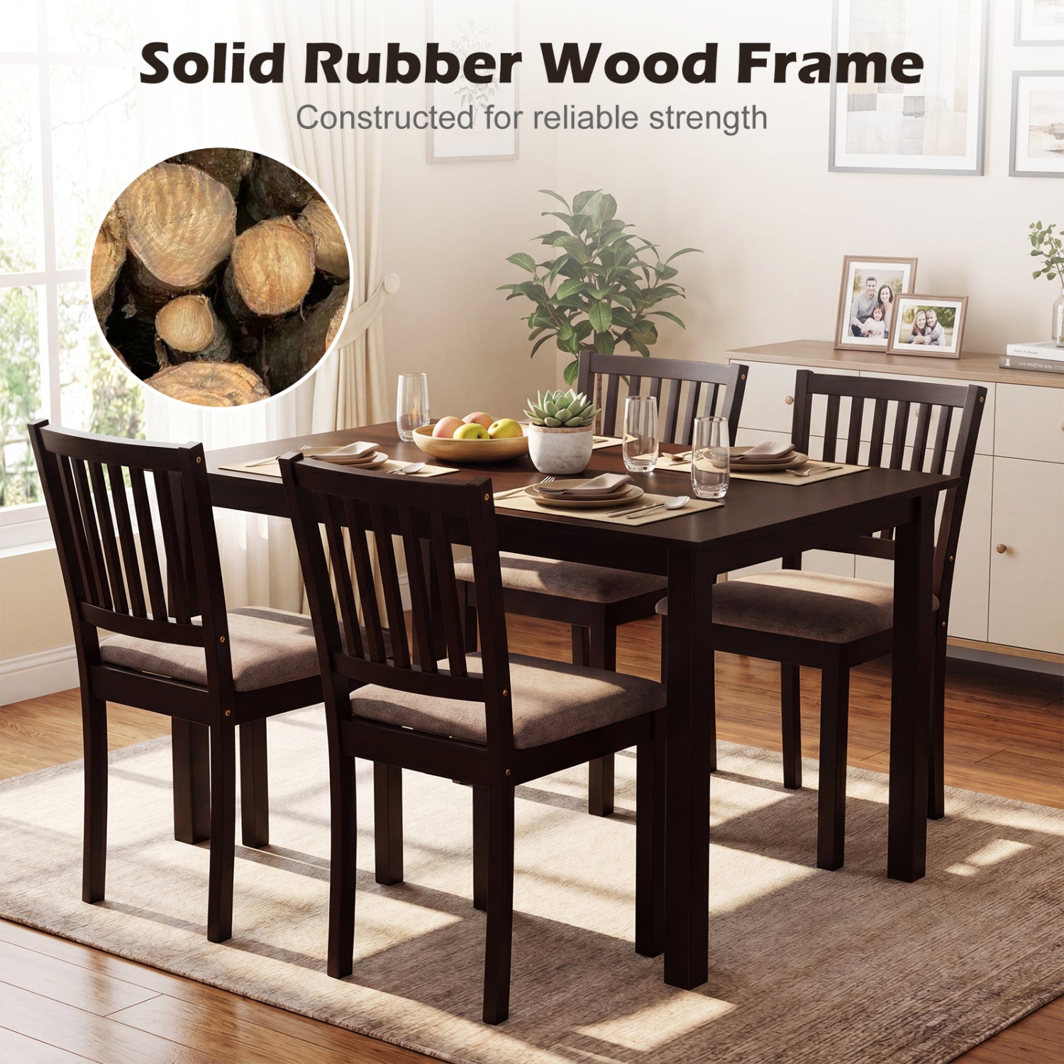 5-Piece Dining Table Set for 4 Rectangular Kitchen Table with 4 Upholstered Chairs-Dark Brown