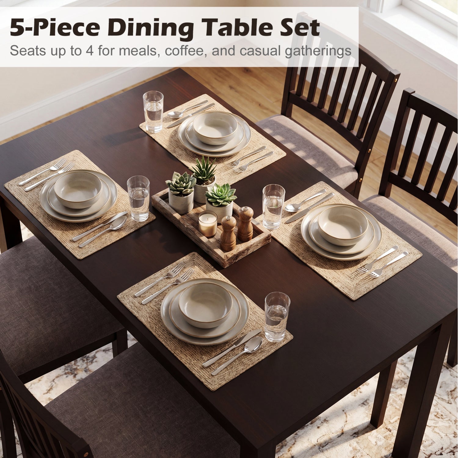 5-Piece Dining Table Set for 4 Rectangular Kitchen Table with 4 Upholstered Chairs-Dark Brown