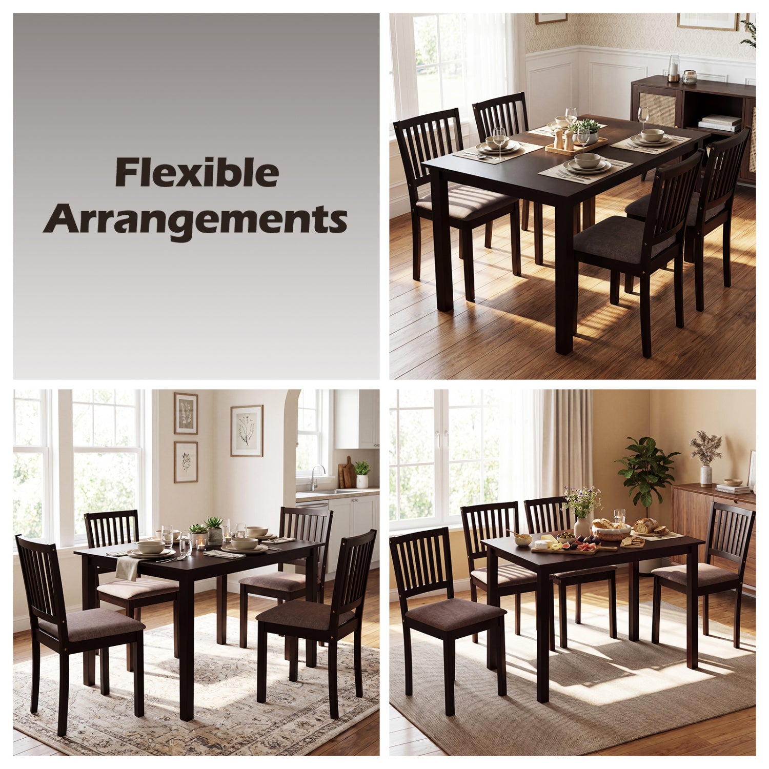 5-Piece Dining Table Set for 4 Rectangular Kitchen Table with 4 Upholstered Chairs-Dark Brown
