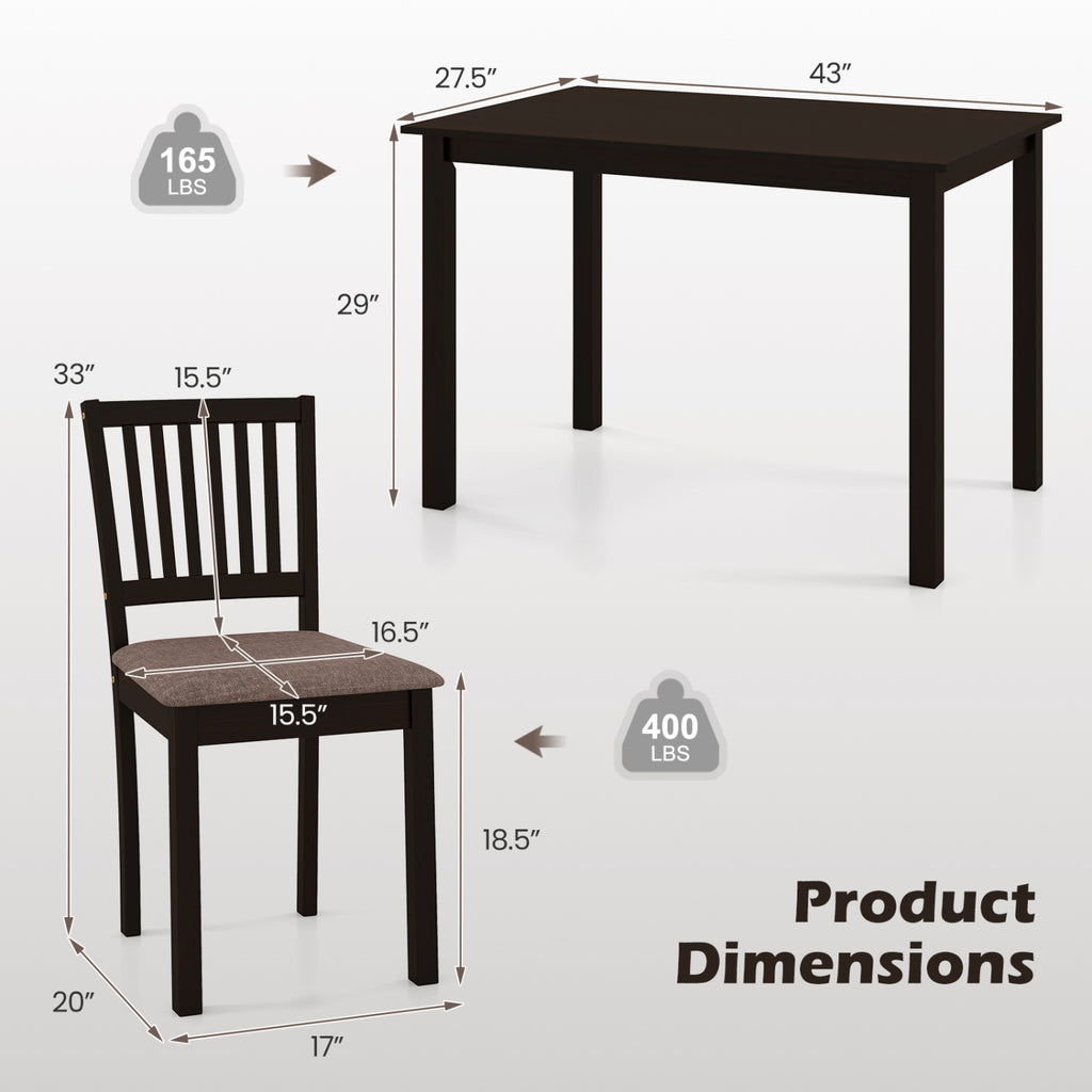 5-Piece Dining Table Set for 4 Rectangular Kitchen Table with 4 Upholstered Chairs-Dark Brown