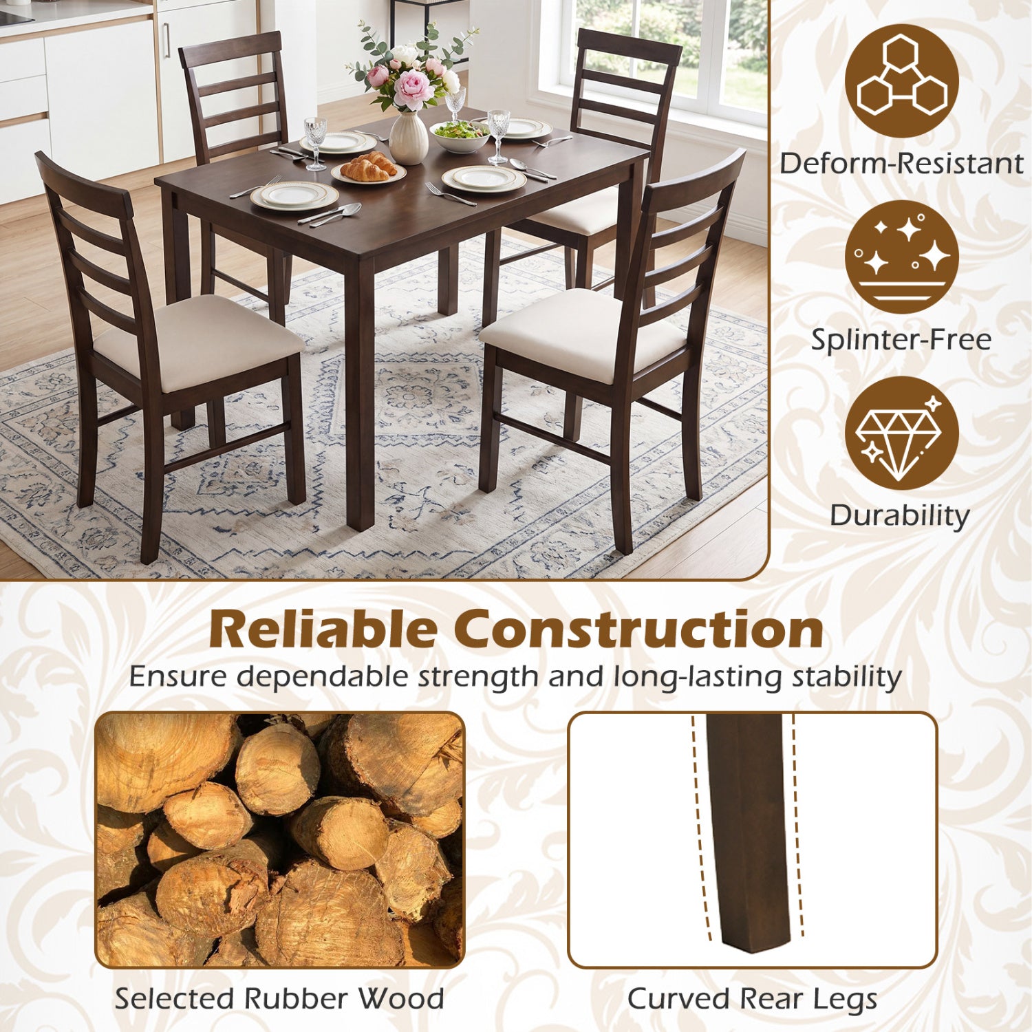 5-Piece Dining Table Set for 4 with Upholstered Chairs for Small Space and Dining Room-Brown