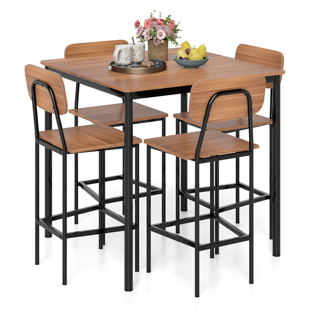 5-Piece Industrial Dining Table Set with Counter Height Table and 4 Bar Stools-Teak