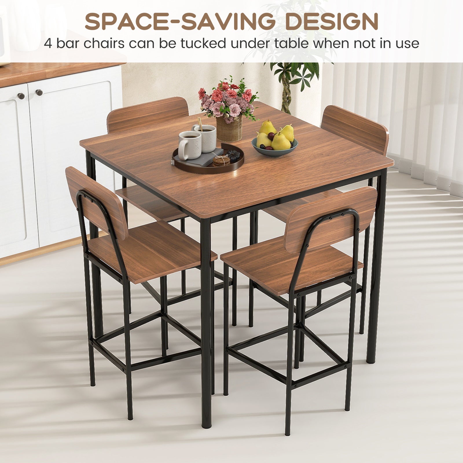 5-Piece Industrial Dining Table Set with Counter Height Table and 4 Bar Stools-Teak