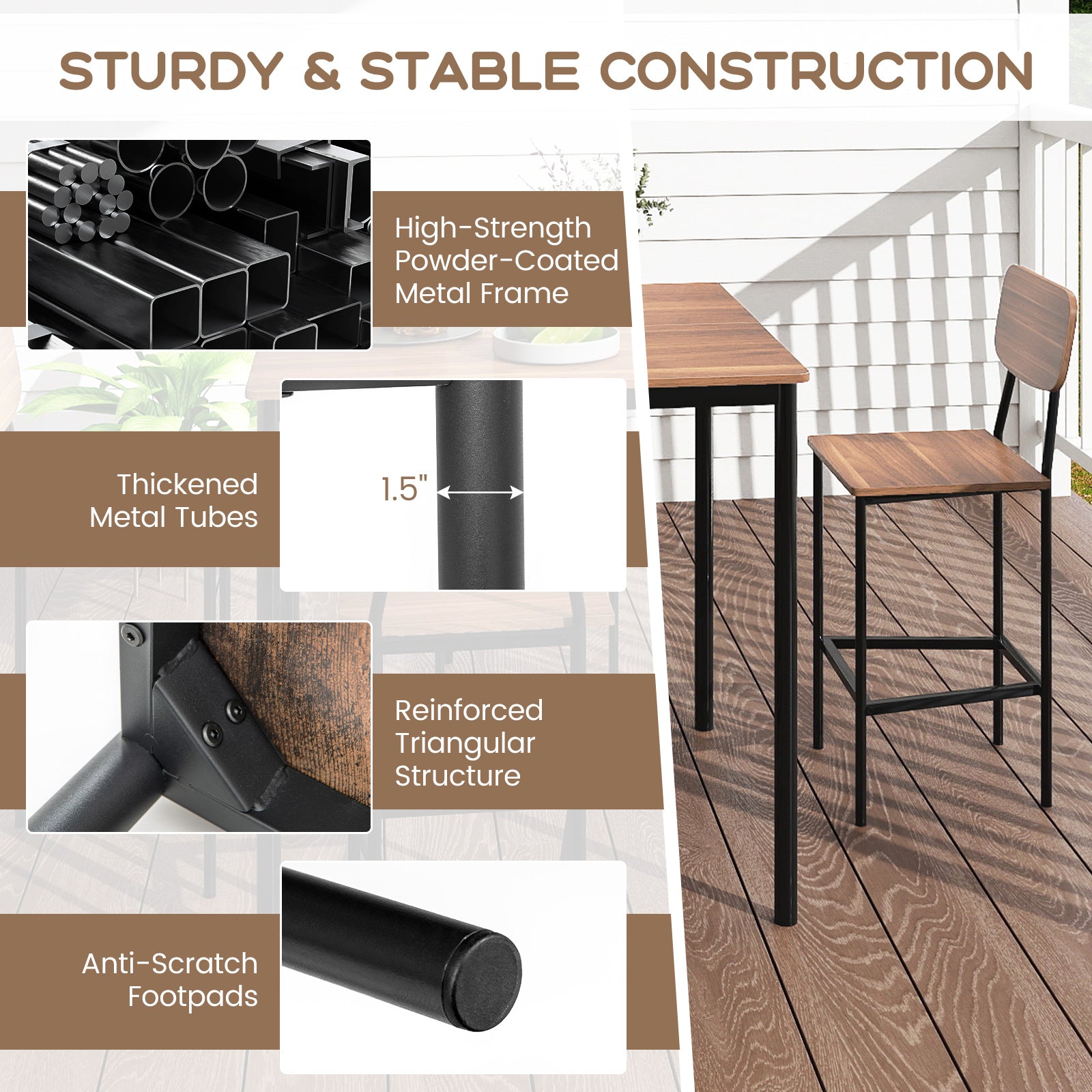 5-Piece Industrial Dining Table Set with Counter Height Table and 4 Bar Stools-Teak