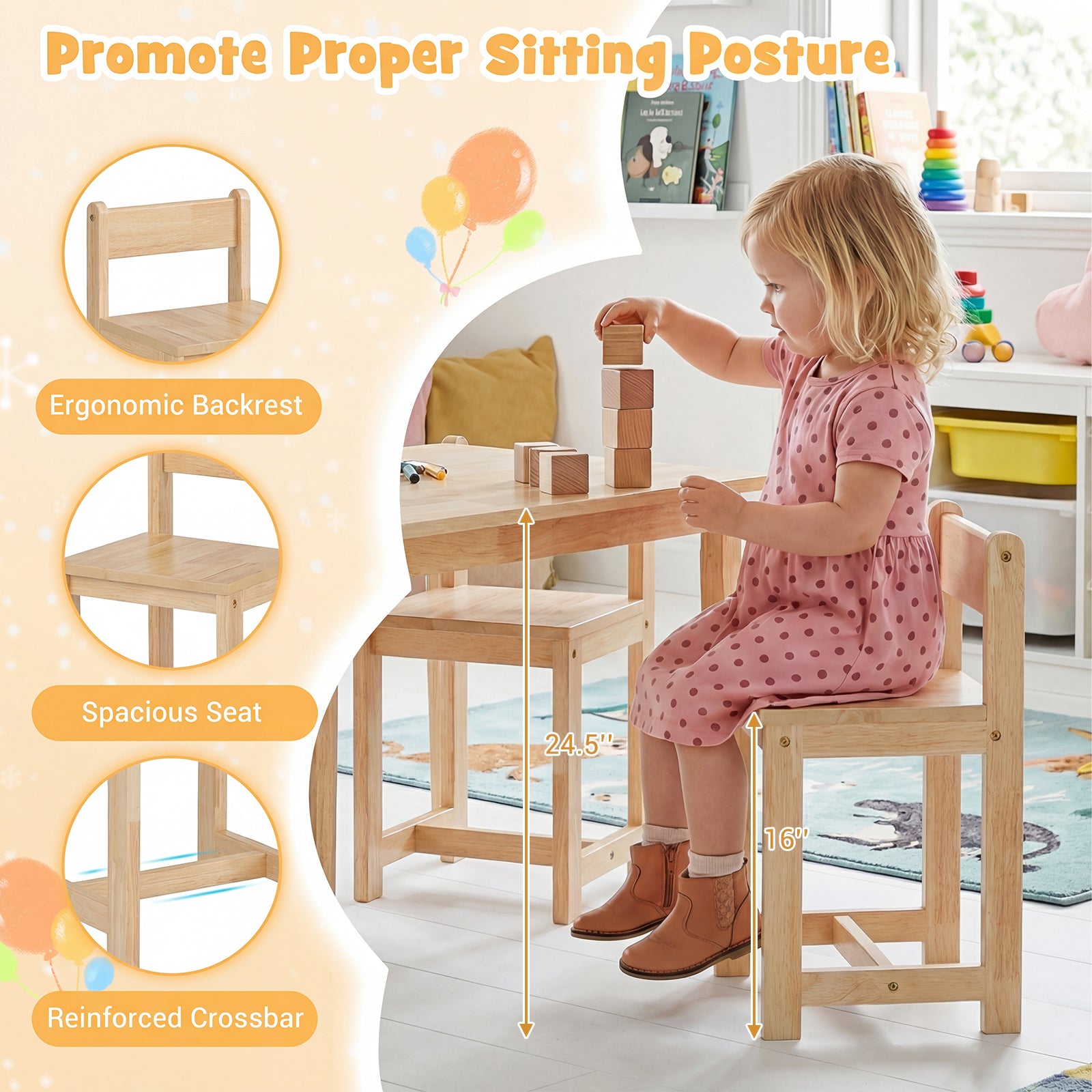 5-Piece Kids Table and Chairs Set Solid Rubber Wood Toddler Activity Table-Natural