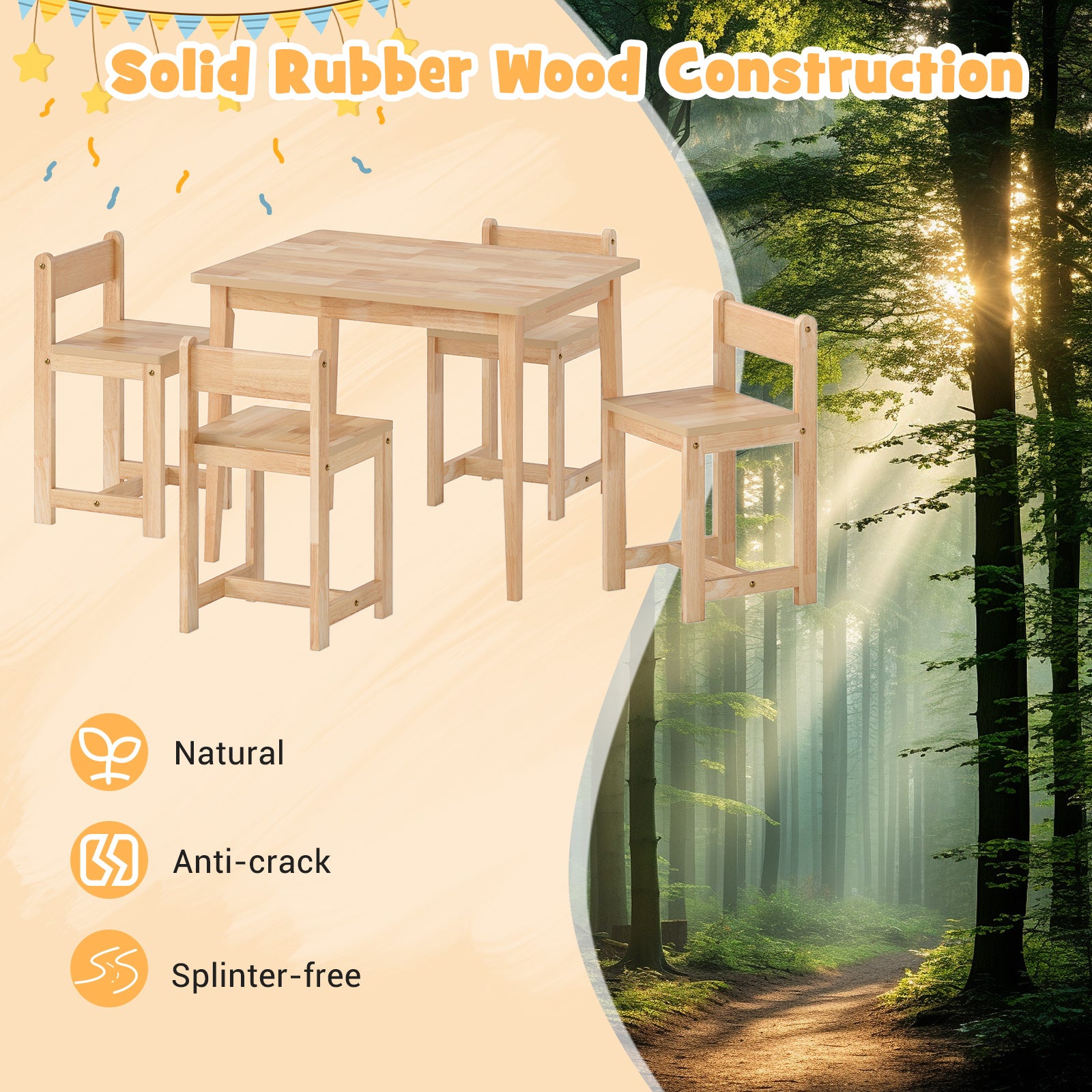 5-Piece Kids Table and Chairs Set Solid Rubber Wood Toddler Activity Table-Natural