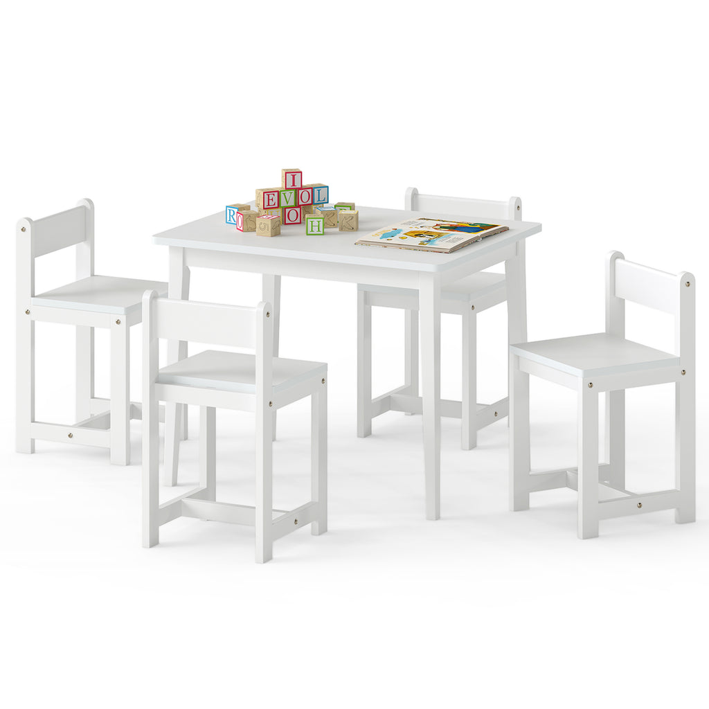 5-Piece Kids Table and Chairs Set Solid Rubber Wood Toddler Activity Table-White