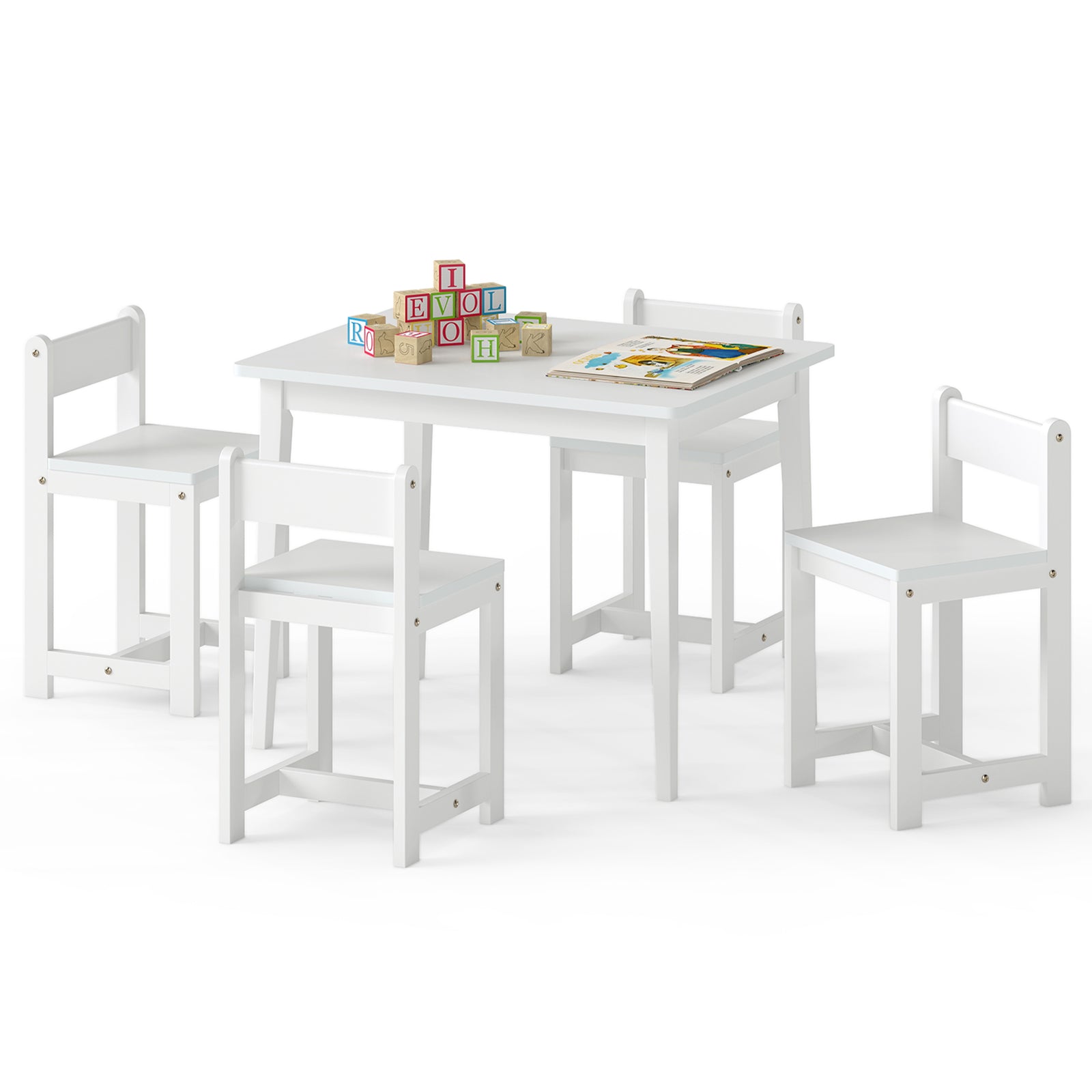 5-Piece Kids Table and Chairs Set Solid Rubber Wood Toddler Activity Table-White