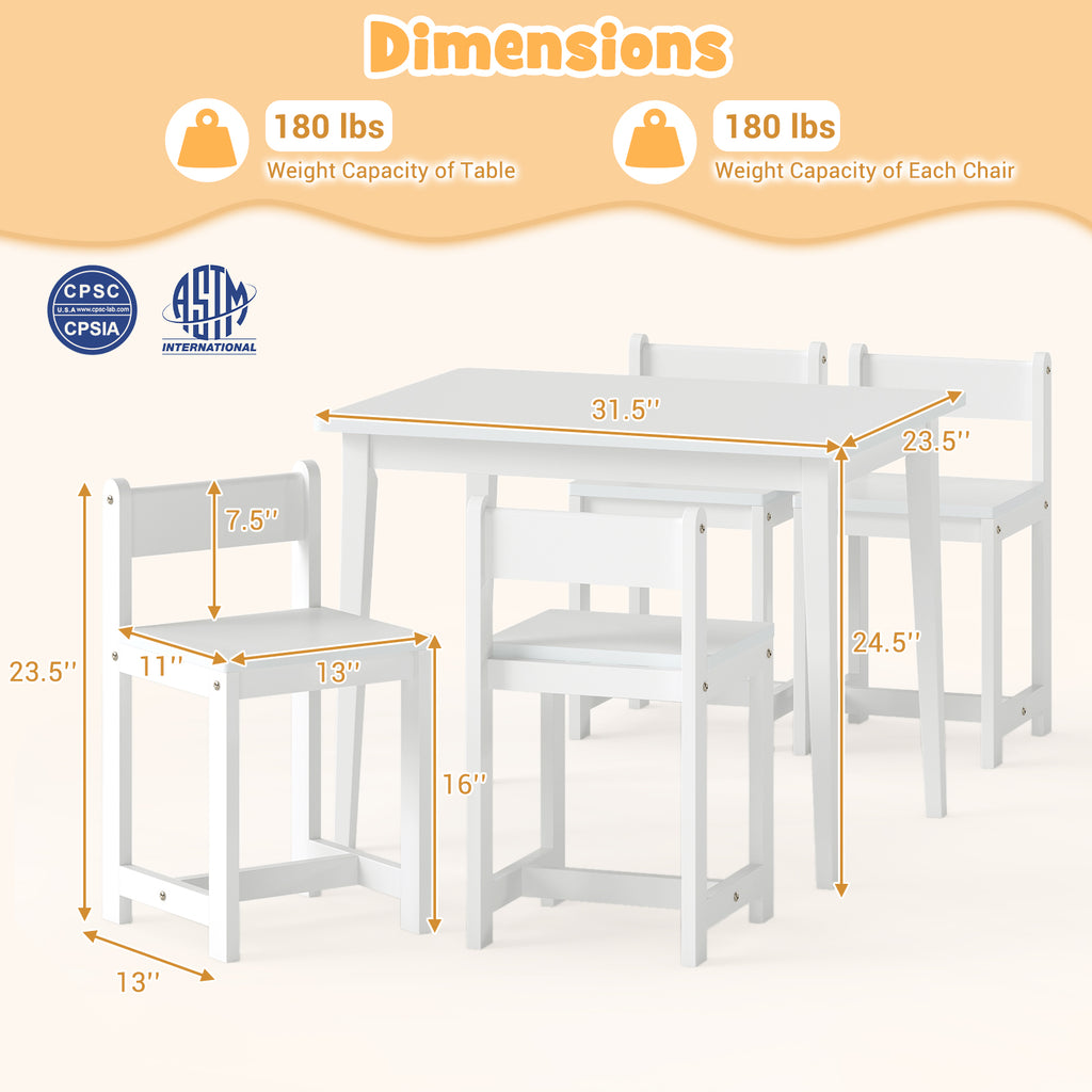 5-Piece Kids Table and Chairs Set Solid Rubber Wood Toddler Activity Table-White