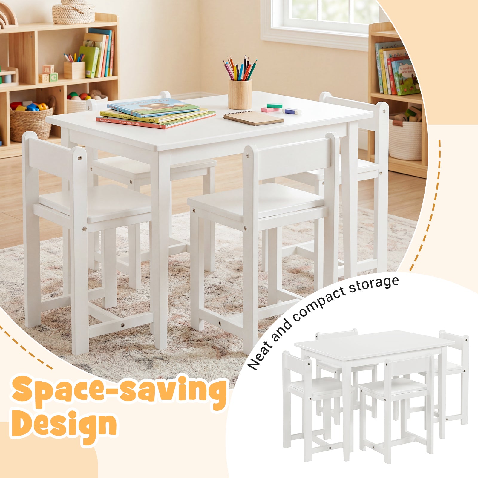5-Piece Kids Table and Chairs Set Solid Rubber Wood Toddler Activity Table-White