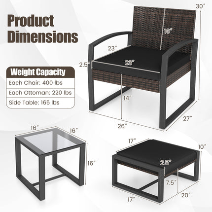 5-Piece Patio Conversation Set with 2 Ottomans and Tempered Glass Side Table-Black