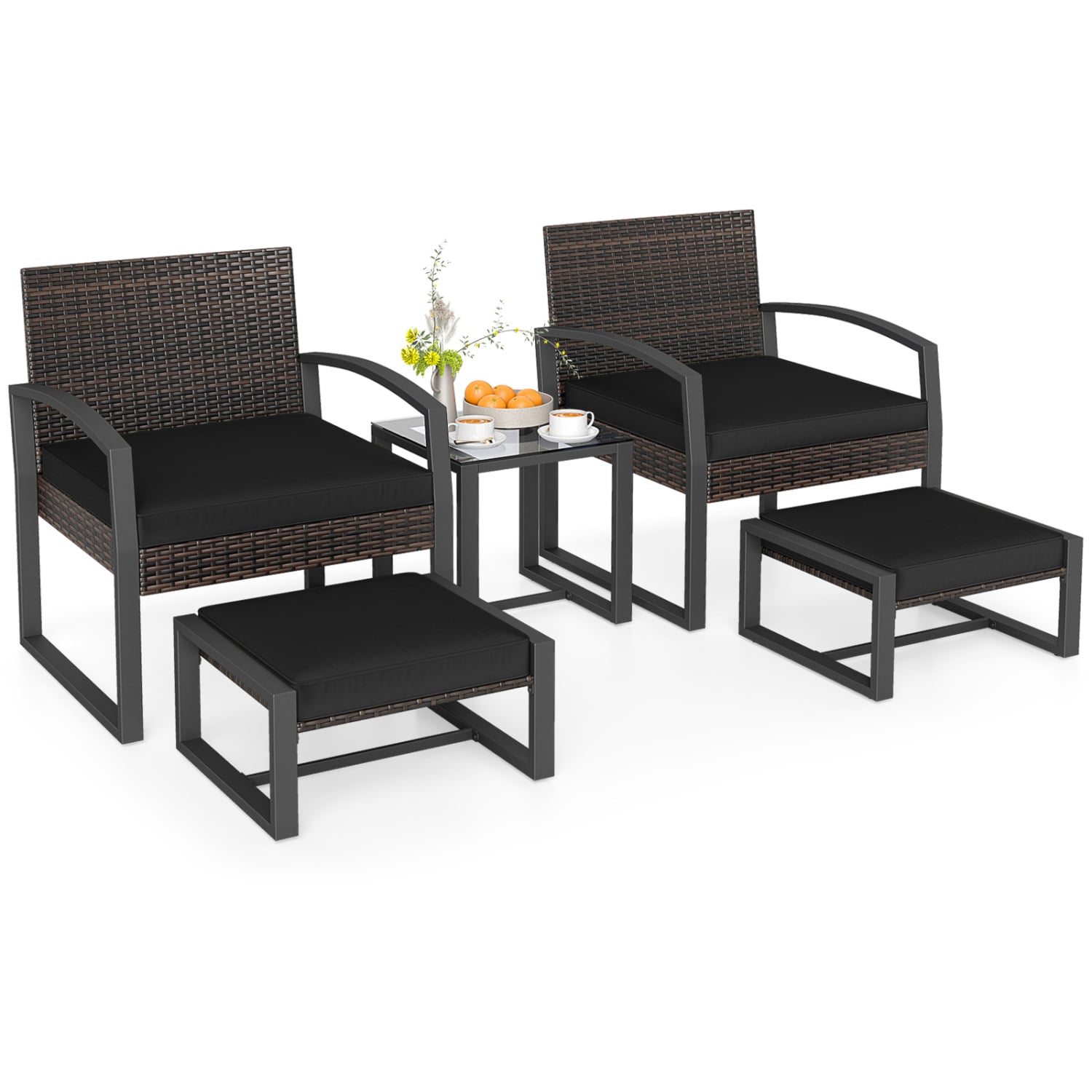 Ensemble de conversation d'extérieur 5 pièces avec 2 poufs et table d'appoint en verre trempé - Noir