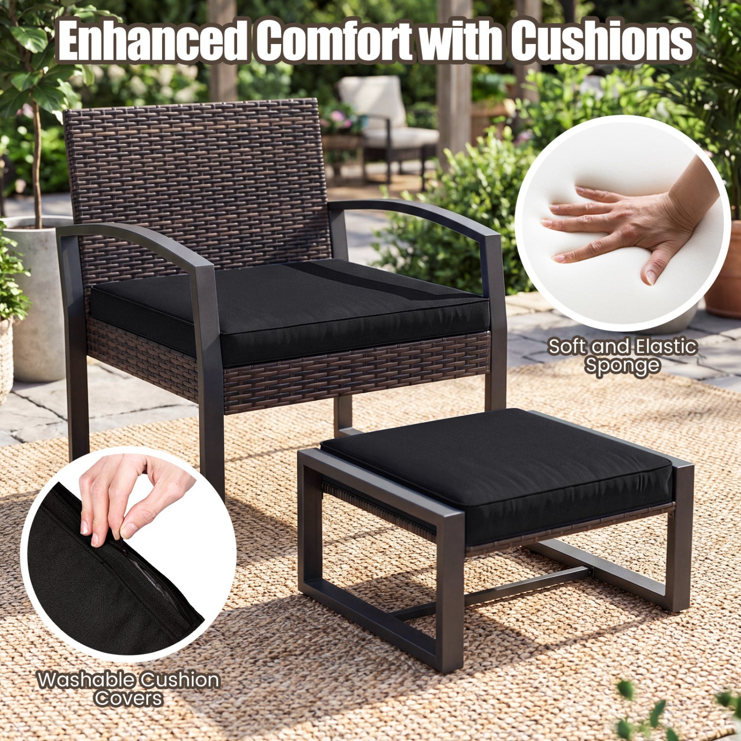 Ensemble de conversation d'extérieur 5 pièces avec 2 poufs et table d'appoint en verre trempé - Noir