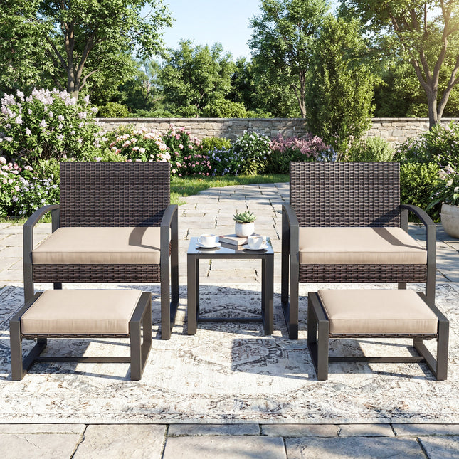 5-Piece Patio Conversation Set with 2 Ottomans and Tempered Glass Side Table-Beige