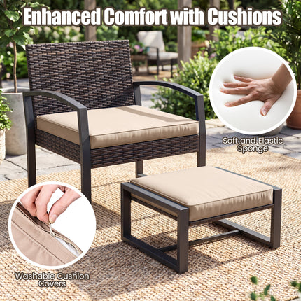 5-Piece Patio Conversation Set with 2 Ottomans and Tempered Glass Side Table-Beige