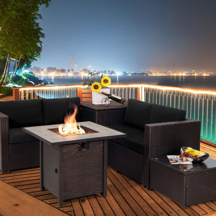 5-Piece Patio Furniture Set with 30 Inches Gas Fire Pit Table Outdoor PE Wicker Sofa Set-Black