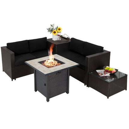 5-Piece Patio Furniture Set with 30 Inches Gas Fire Pit Table Outdoor PE Wicker Sofa Set-Black