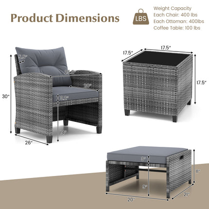 5 Piece Patio Rattan Furniture with 2 Ottomans and Tempered Glass Coffee Table-Gray