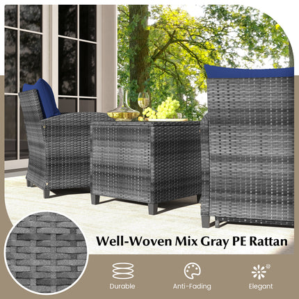 5 Piece Patio Rattan Furniture with 2 Ottomans and Tempered Glass Coffee Table-Navy