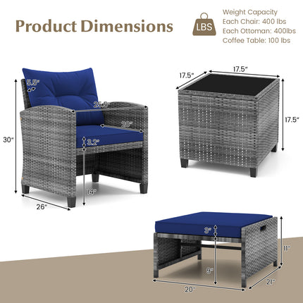 5 Piece Patio Rattan Furniture with 2 Ottomans and Tempered Glass Coffee Table-Navy